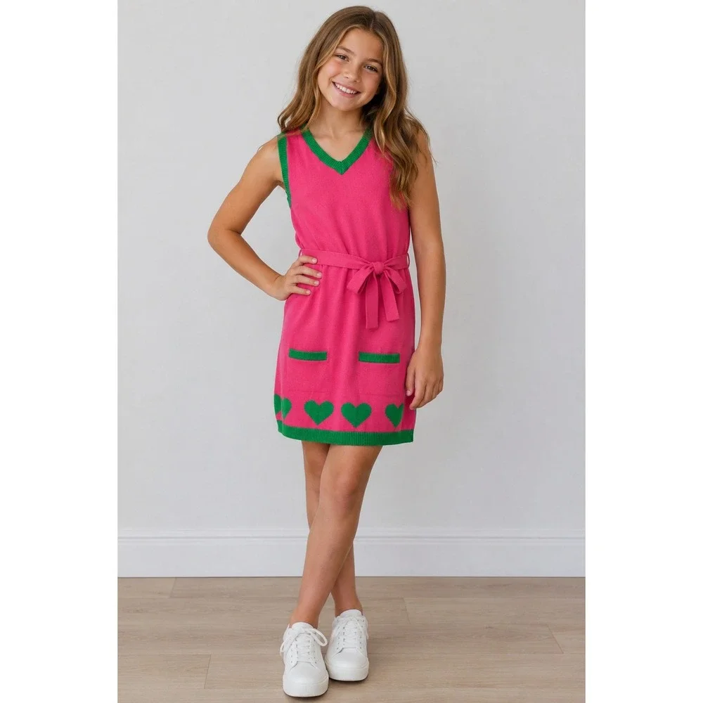 Gymboree Girls Pink Green Heart Sweater Dress Cotton Knit Size L 10-12 NWT